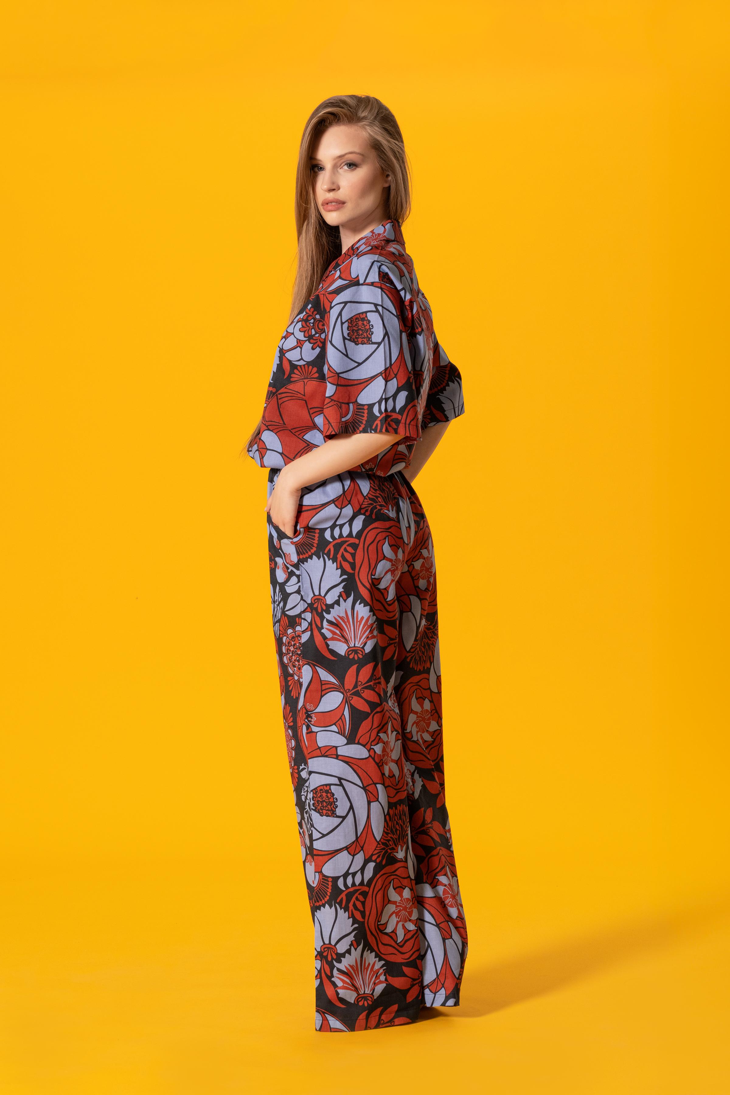 Çiçek Desenli Poplin Pantolon