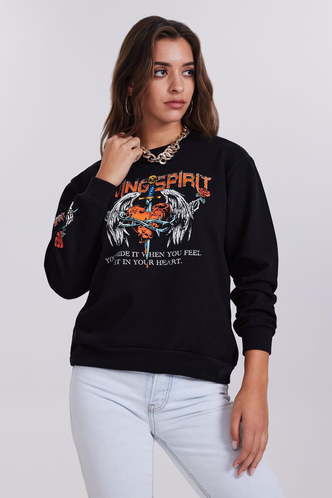 Kalp Baskılı Siyah Kadın Sweatshirt