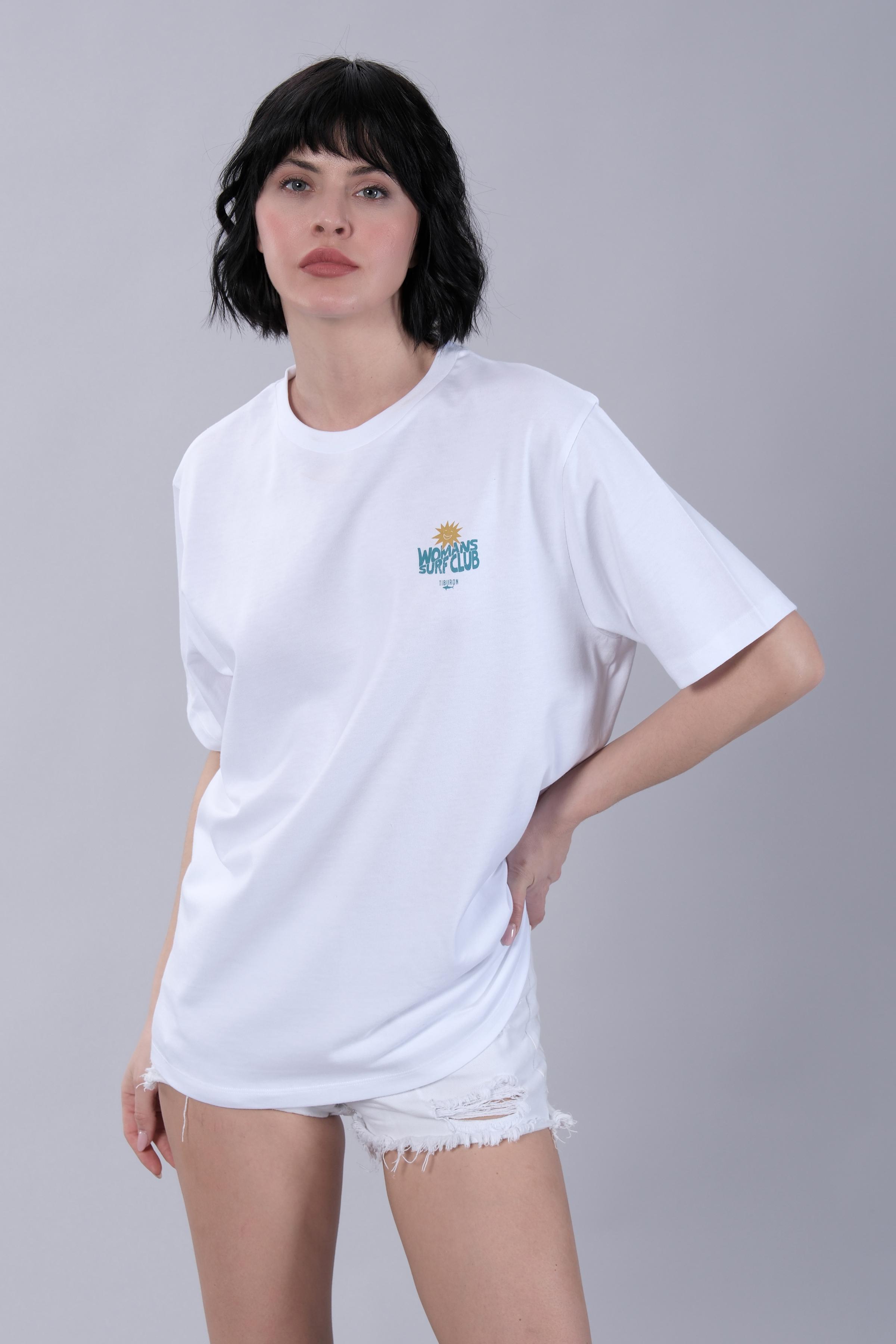 Sörf Temalı Baskılı Kadın Beyaz Oversize Tişört
