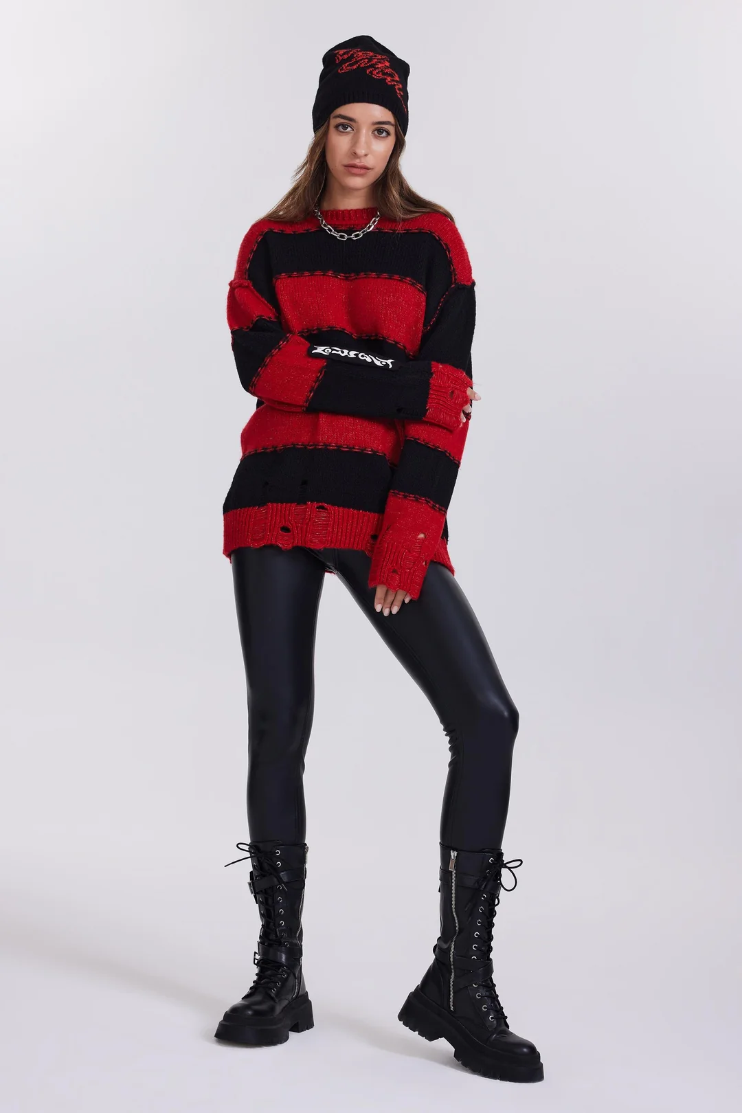 Kolu Yama Detaylı Kırmızı Çizgili Kadın Kazak