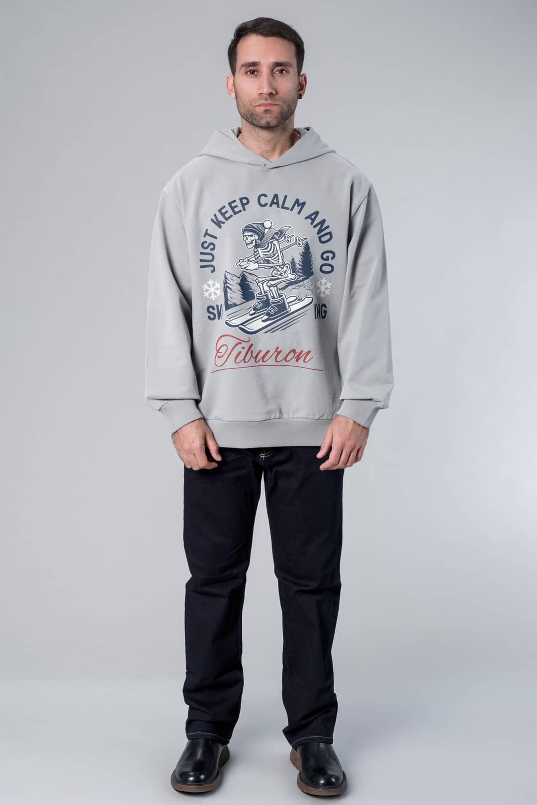 Kapüşonlu Baskılı Gri Oversize Hoodie