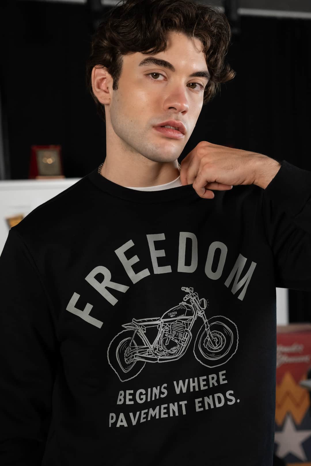 Motorcu Baskılı Bisiklet Yaka Siyah Sweatshirt