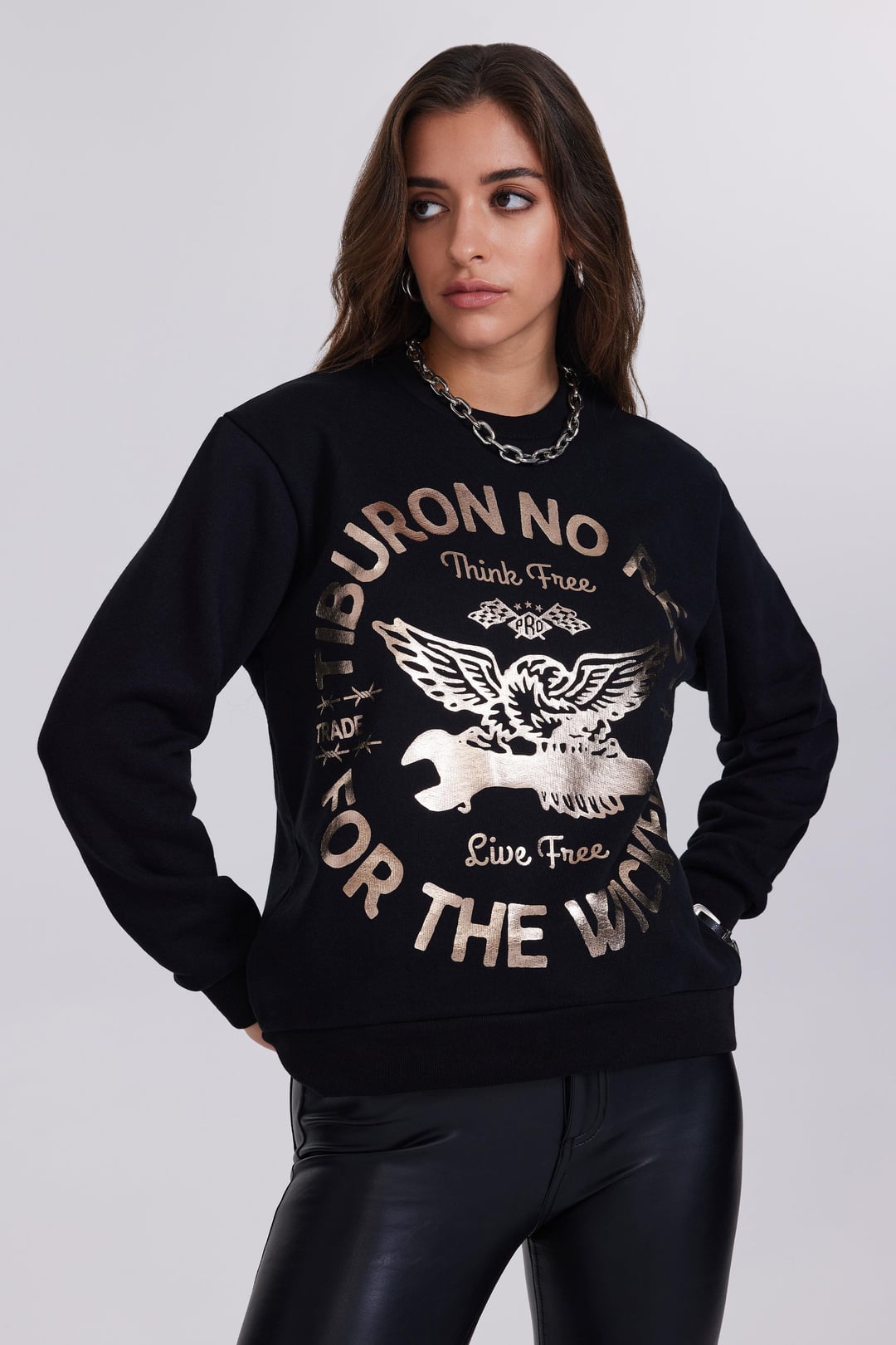 Varak Baskılı Siyah Kadın Sweatshirt