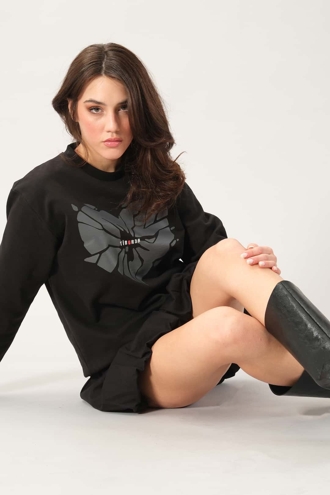 Tiburon Kalp Baskılı Siyah Sweatshirt