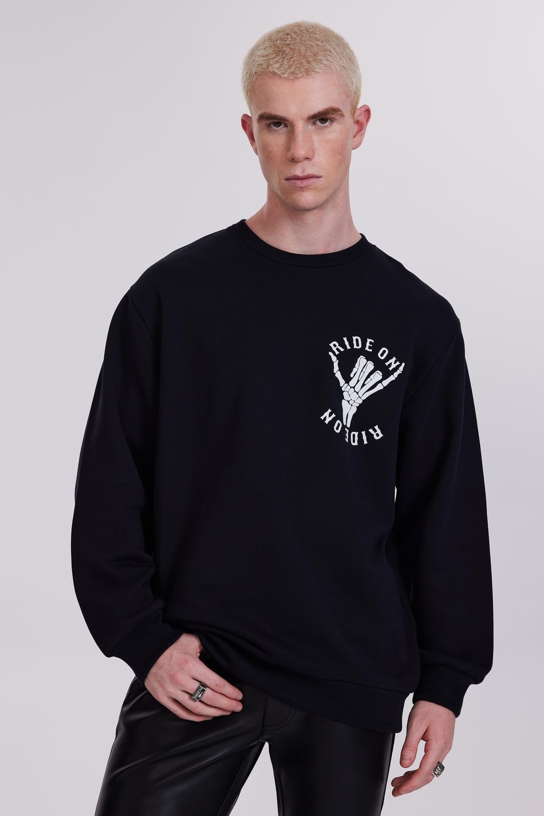 Baskılı Bisiklet Yakalı Siyah Sweatshirt