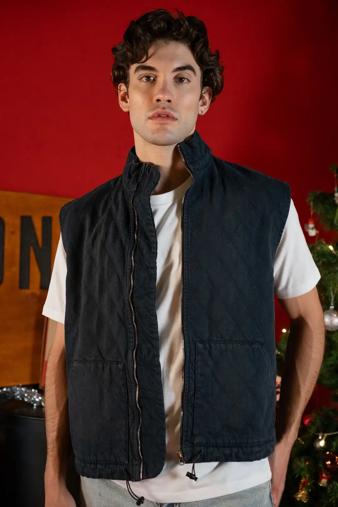 Koyu Lacivert Fermuarlı Kapitone Denim Yelek