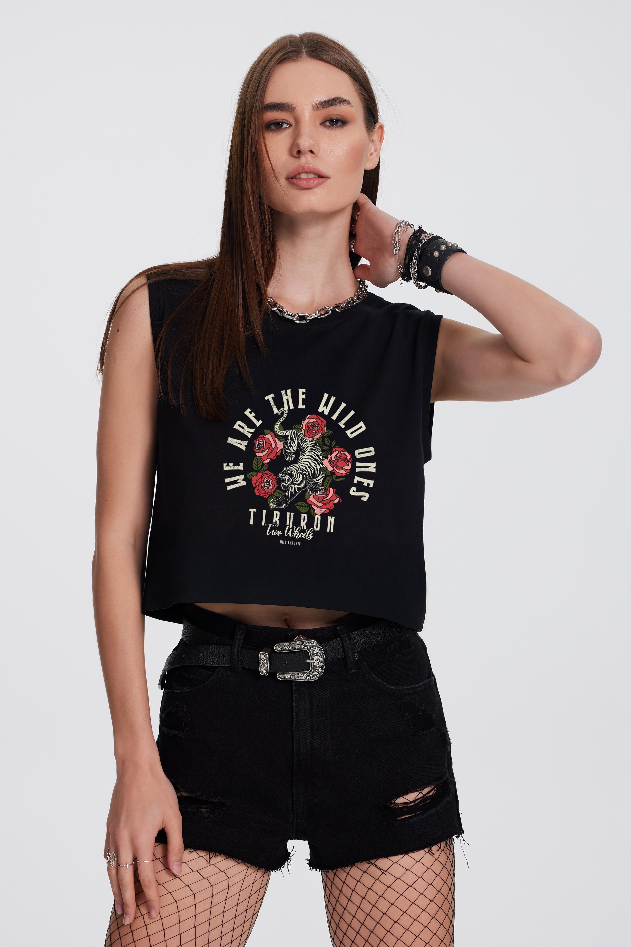 Baskılı Kolsuz Siyah Crop Tişört