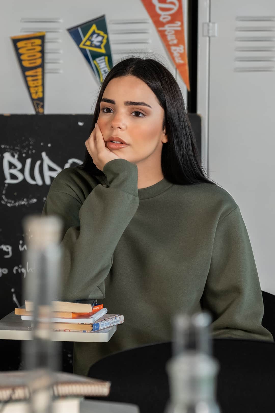 Kadın Haki Bisiklet Yaka Basic Sweatshirt