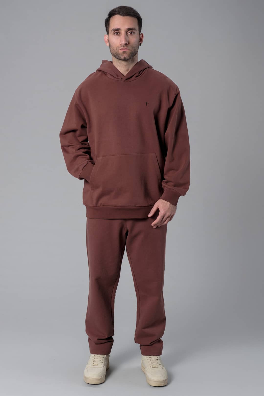 Nakış Detaylı Kahverengi Oversize Hoodie
