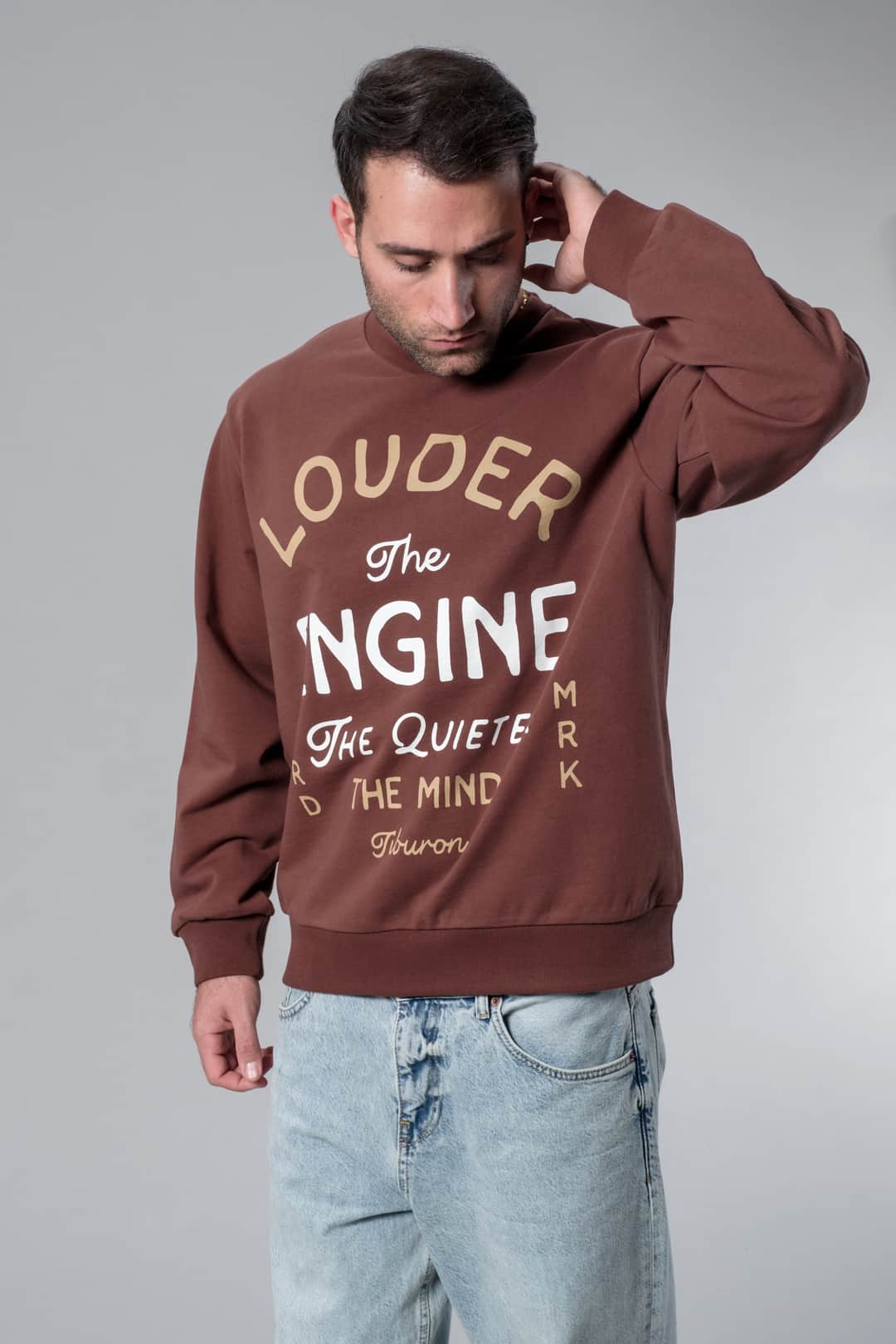 Baskılı Bisiklet Yaka Kahverengi Sweatshirt