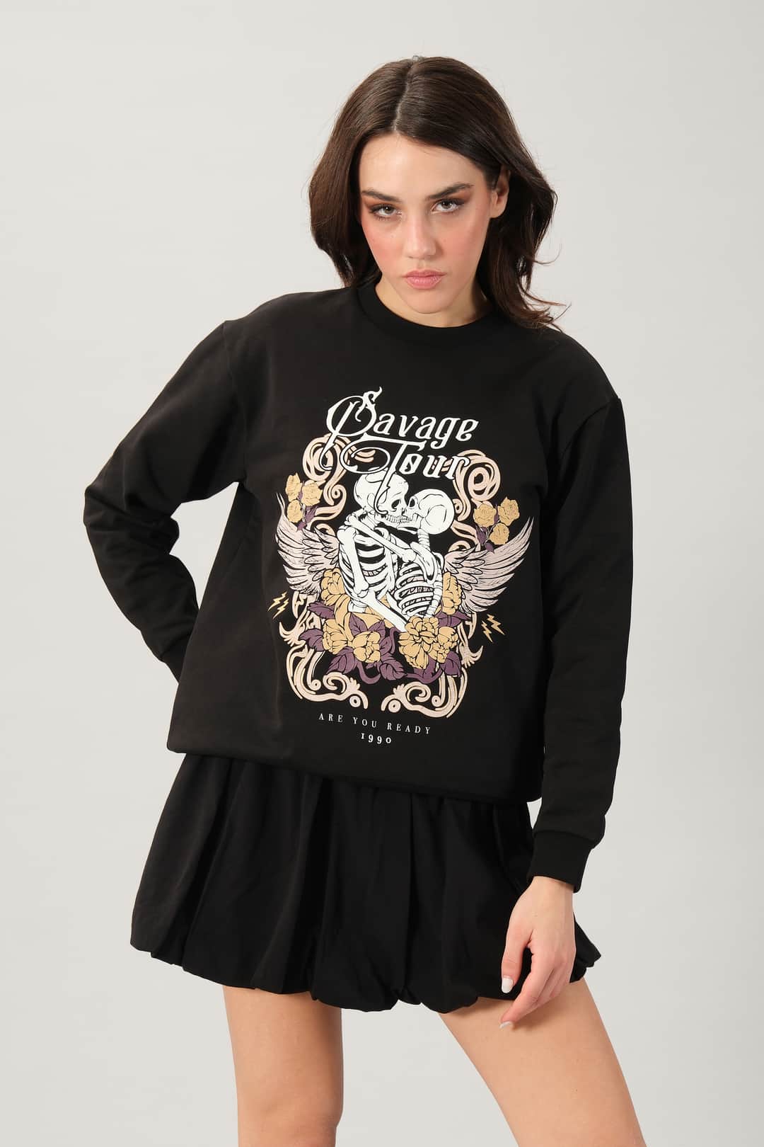 Önü Baskılı Siyah Kadın Sweatshirt
