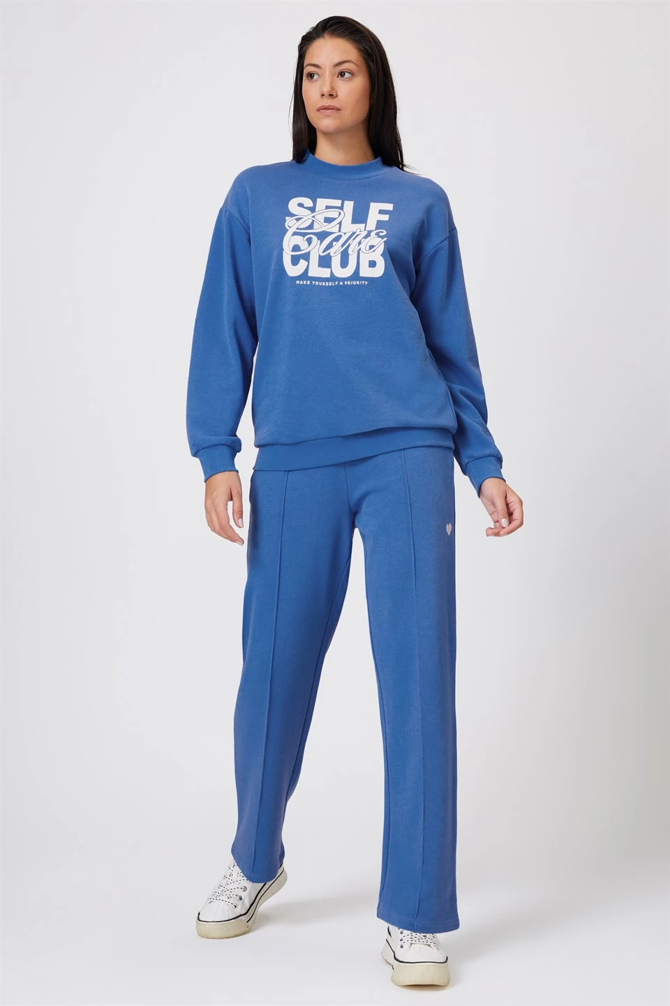 Slogan Baskılı Bisiklet Yaka Mavi Sweatshirt