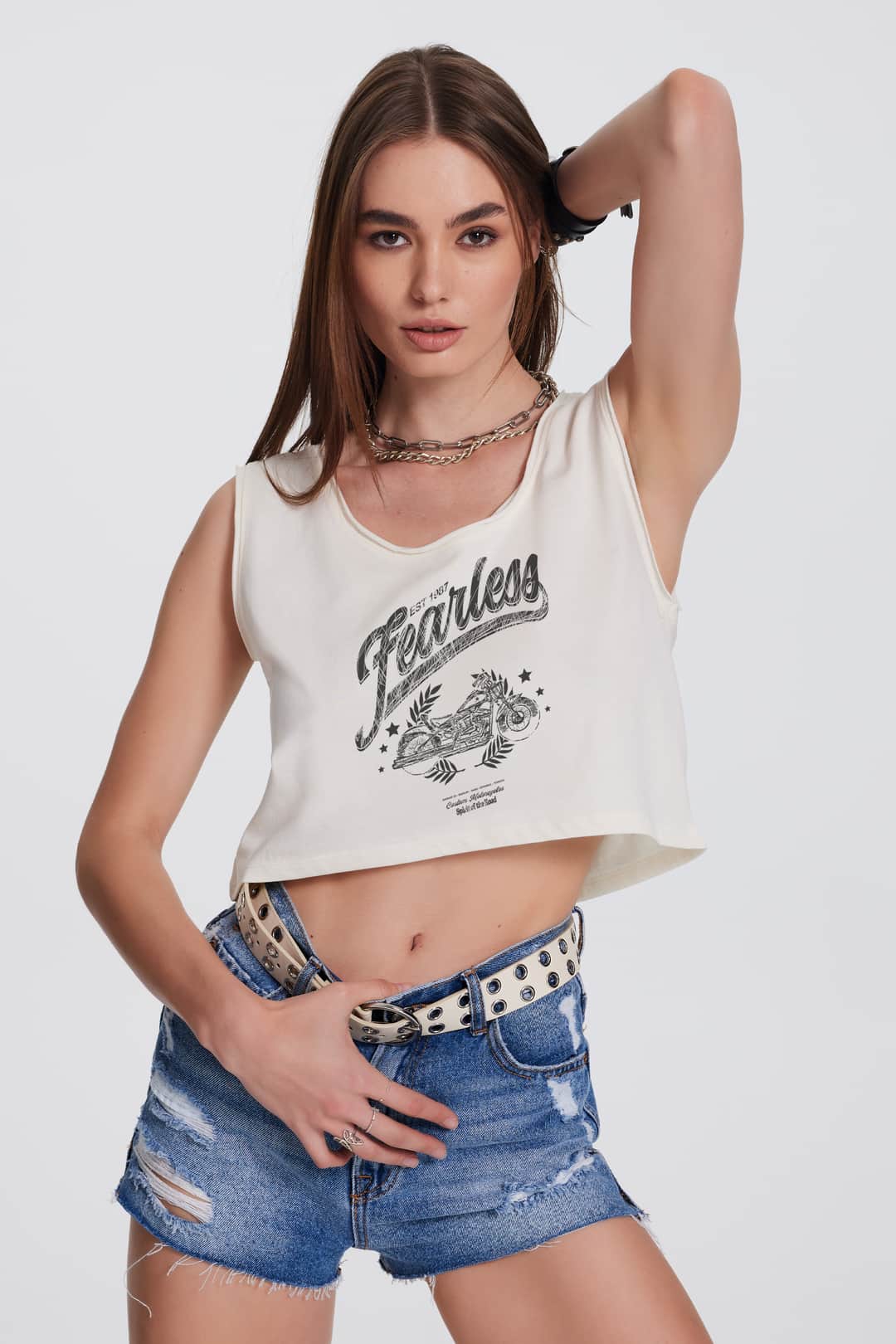 Baskılı Kolsuz Ekru Crop Tişört