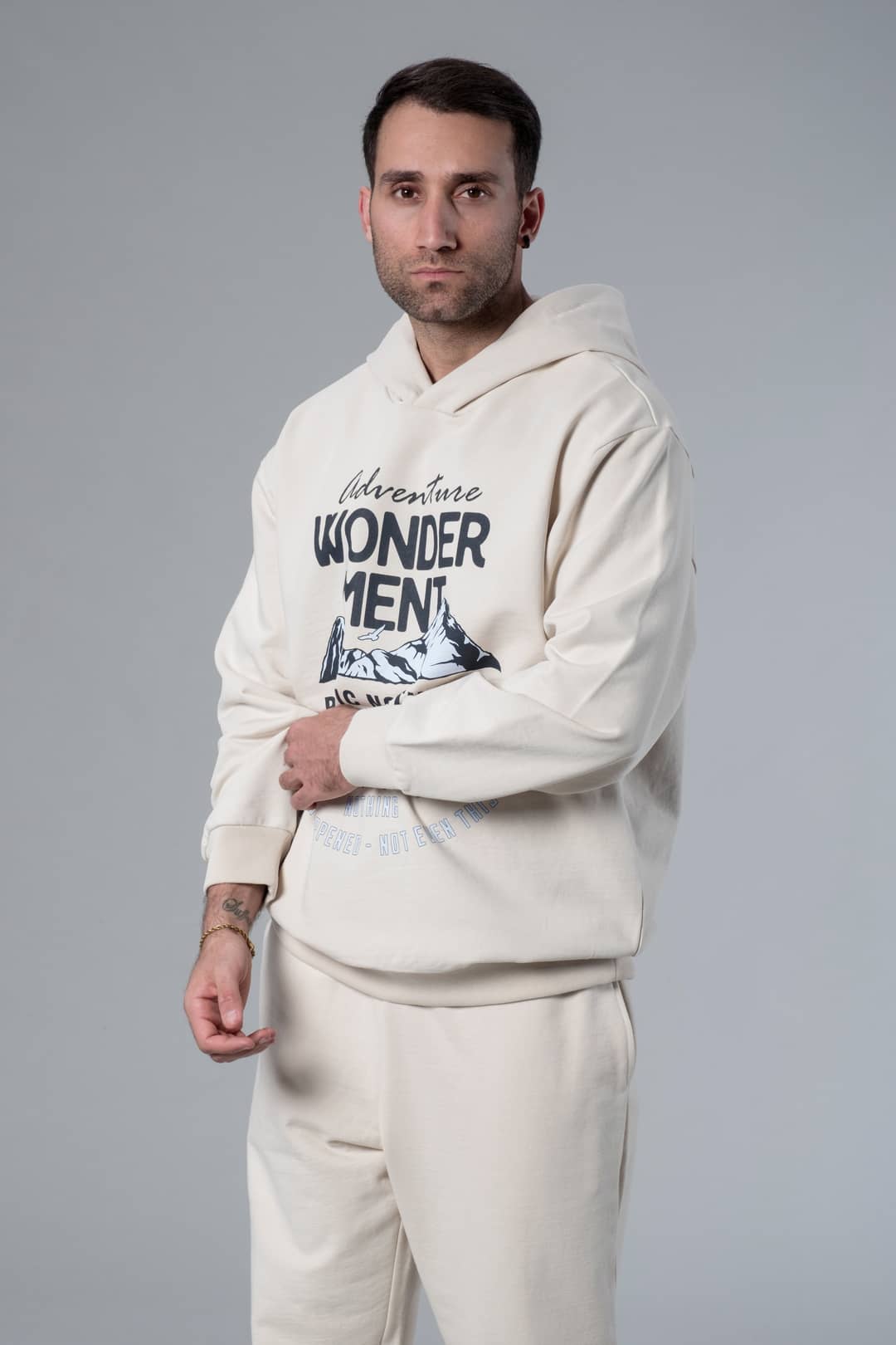 Kapüşonlu Baskılı Ekru Oversize Hoodie