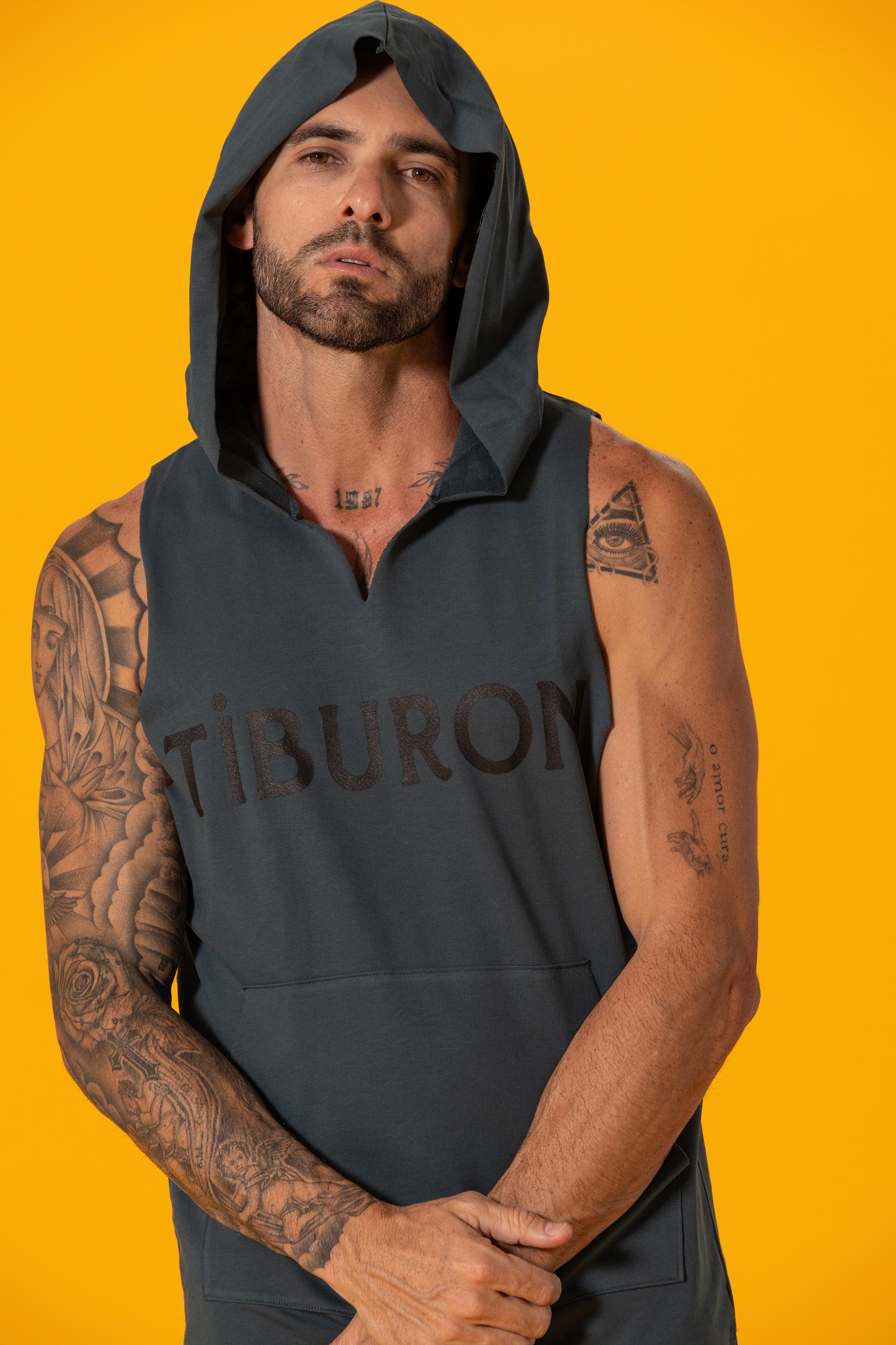 Tiburon Baskılı Kapüşonlu Kolsuz Sweatshirt