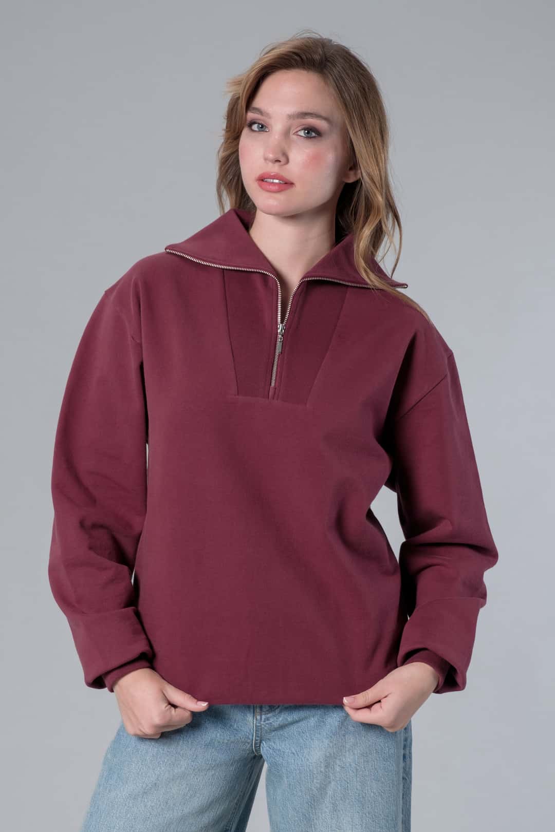 Yarım Fermuarlı Bordo Sweatshirt