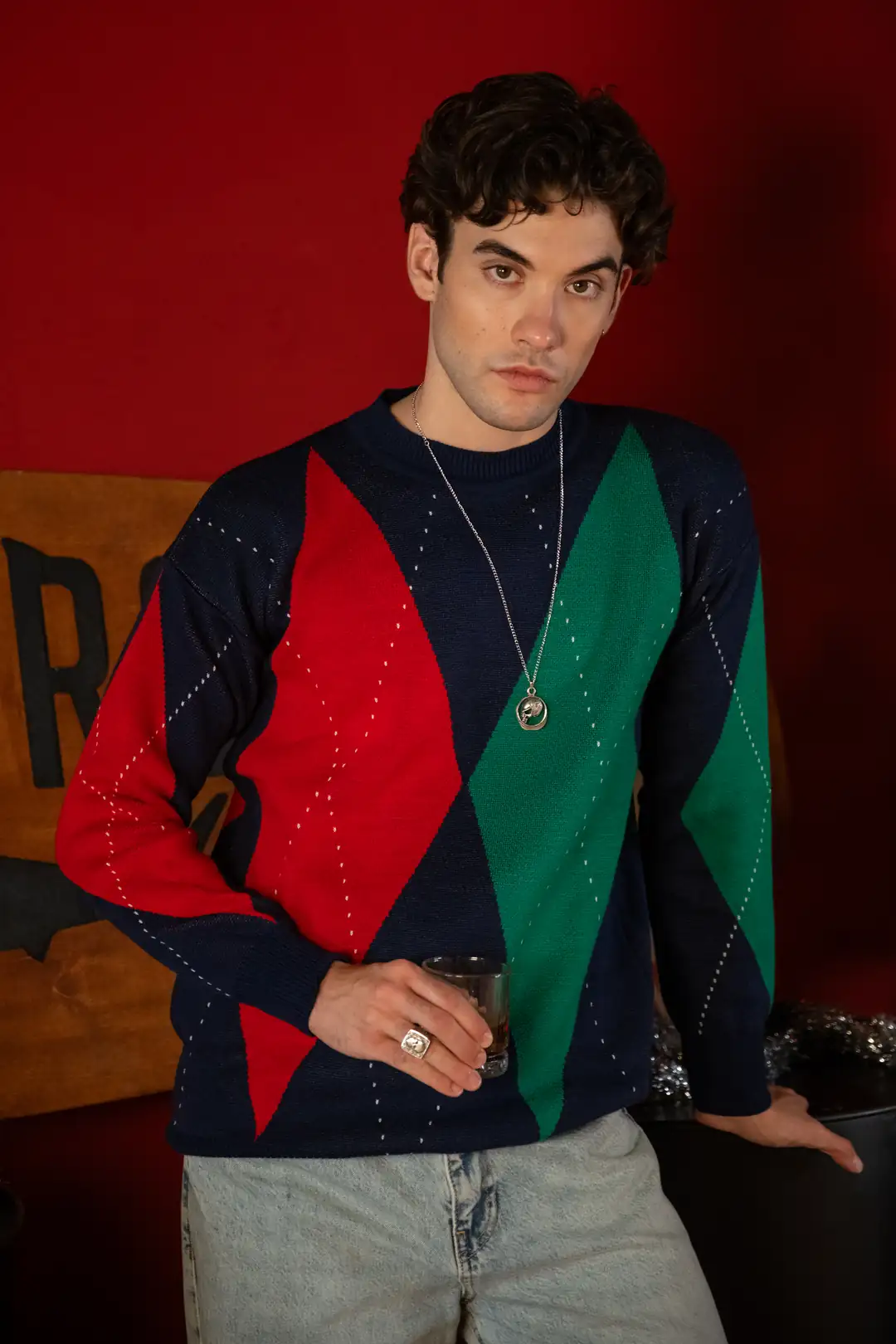 Baklava Desenli Lacivert Örme Kazak