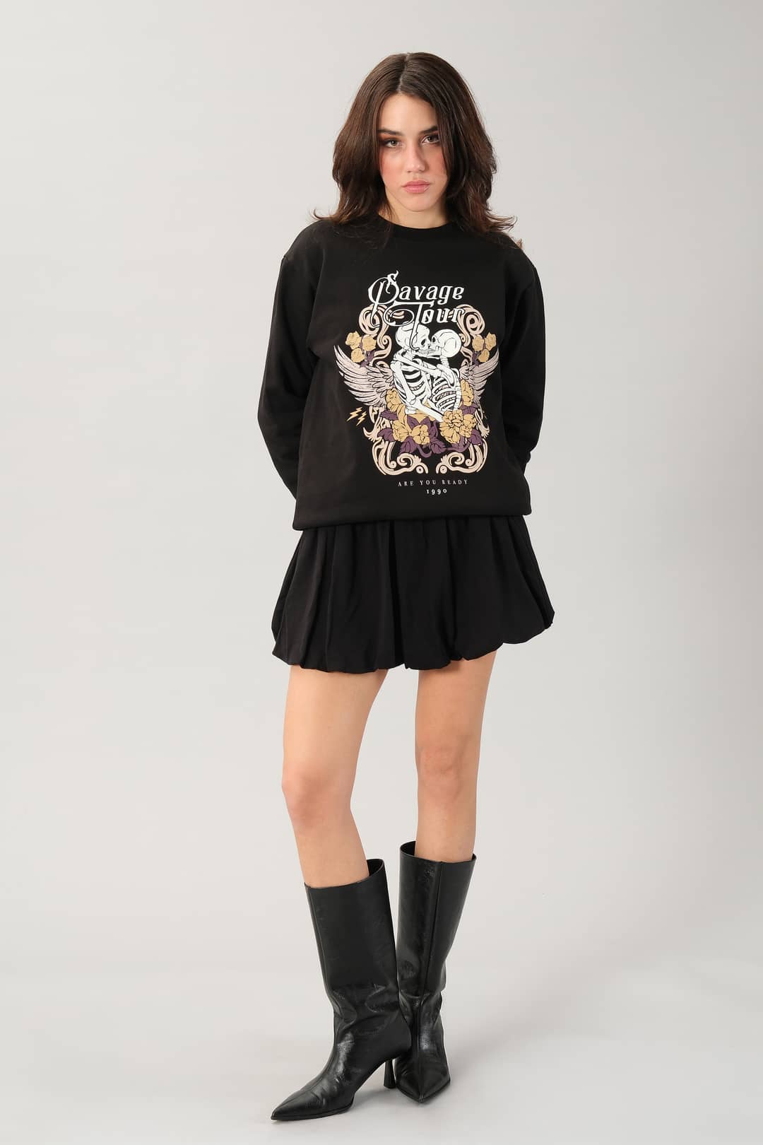 Önü Baskılı Siyah Kadın Sweatshirt