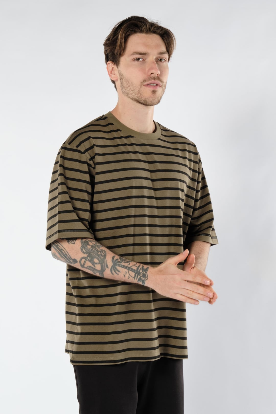 Haki Çizgili Erkek Oversize Tişört
