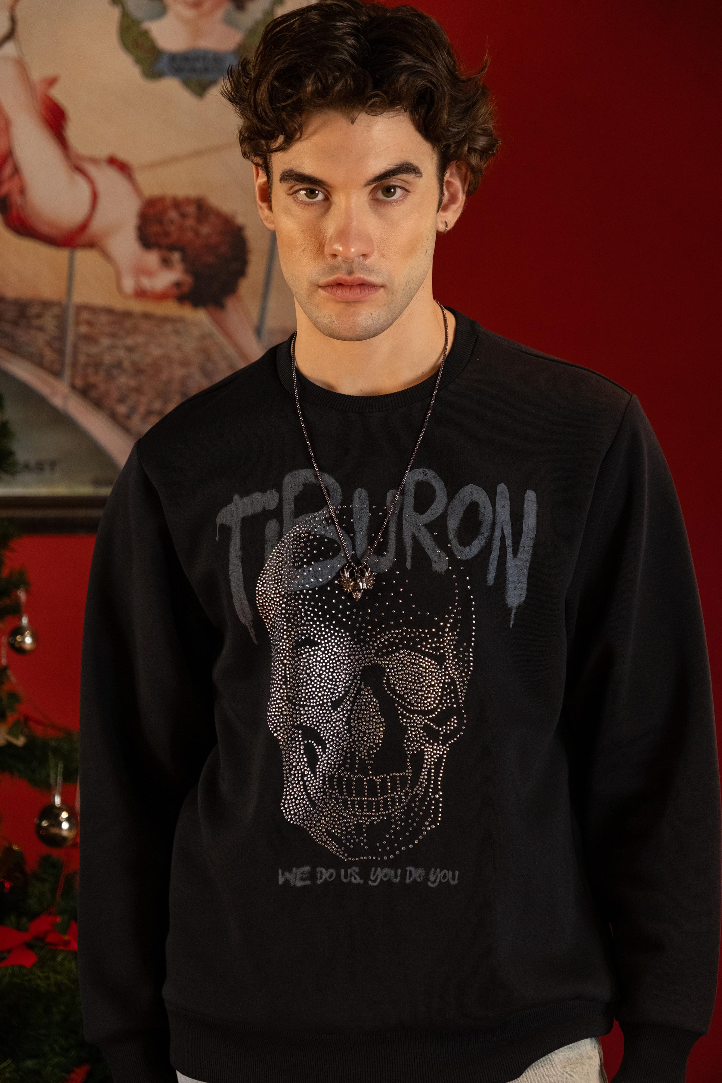 Taş Baskılı Siyah Erkek Sweatshirt