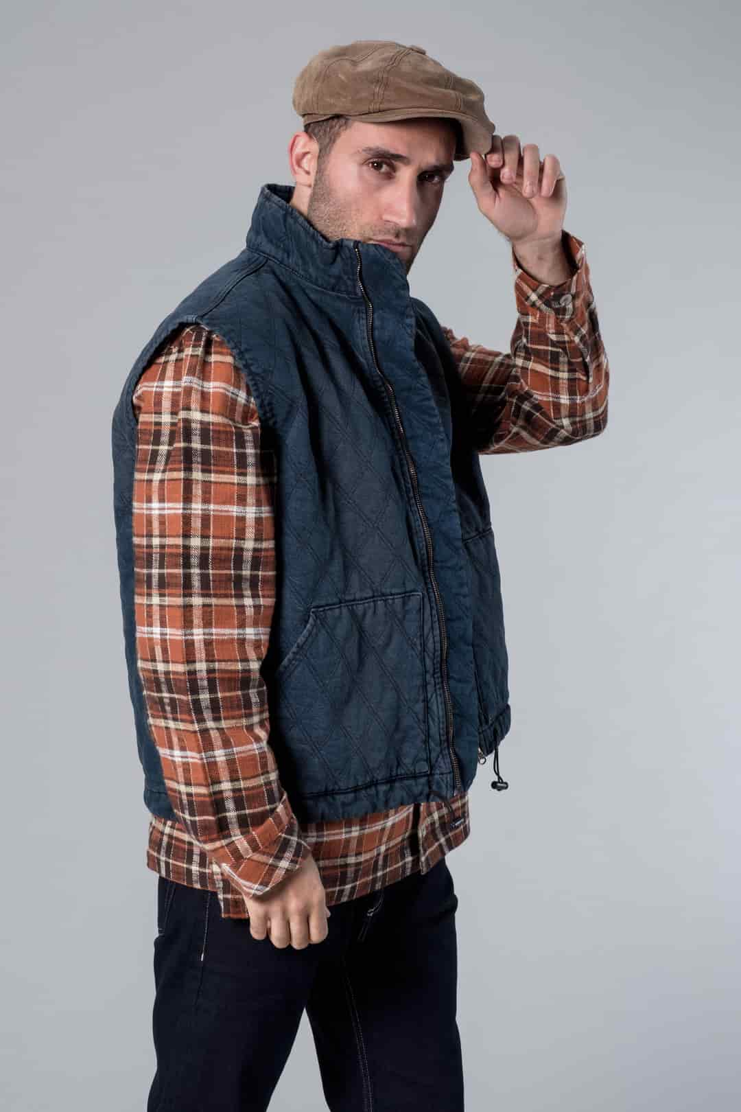 Koyu Lacivert Fermuarlı Kapitone Denim Yelek