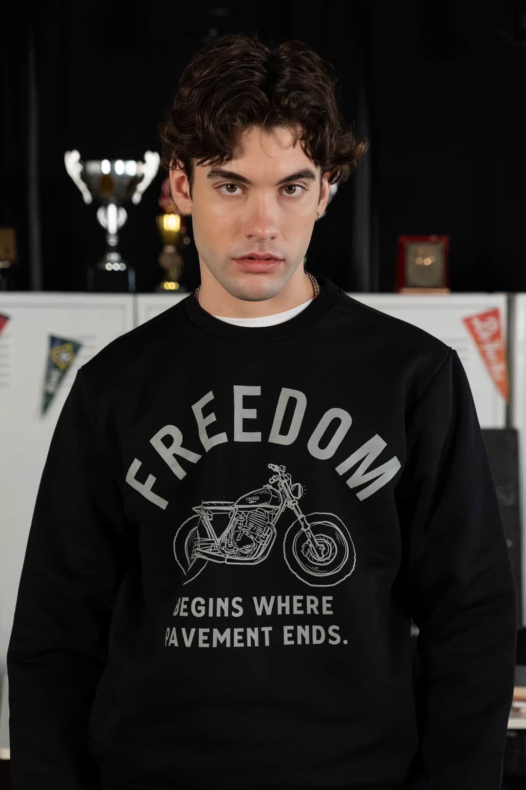 Motorcu Baskılı Bisiklet Yaka Siyah Sweatshirt
