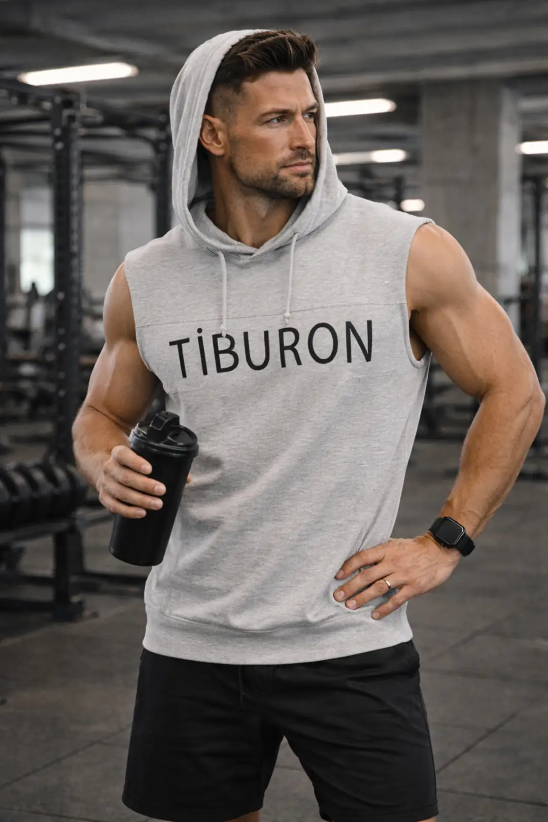 Erkek Baskılı Gri Melanj Kapüşonlu Kolsuz Hoodie