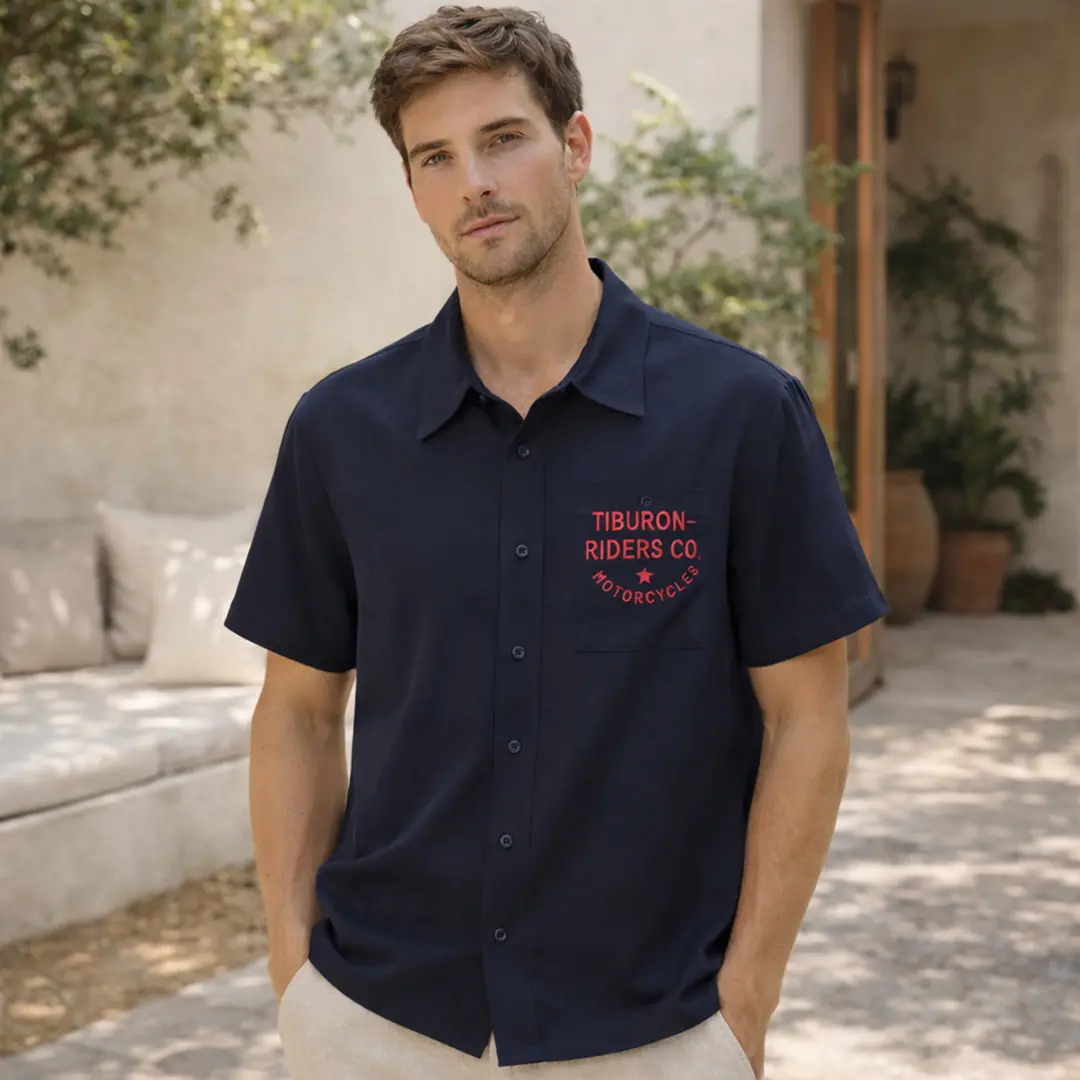 Nakış Detaylı Erkek Kısa Kollu Lacivert Gömlek