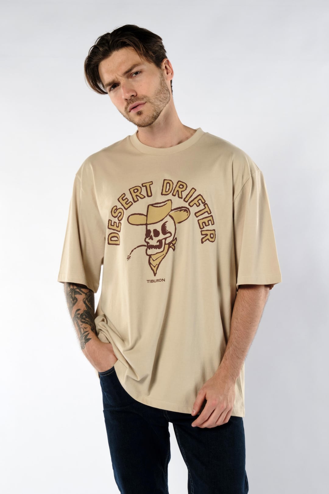Kovboy Kuru Kafa Baskılı Bej Erkek Oversize Tişört