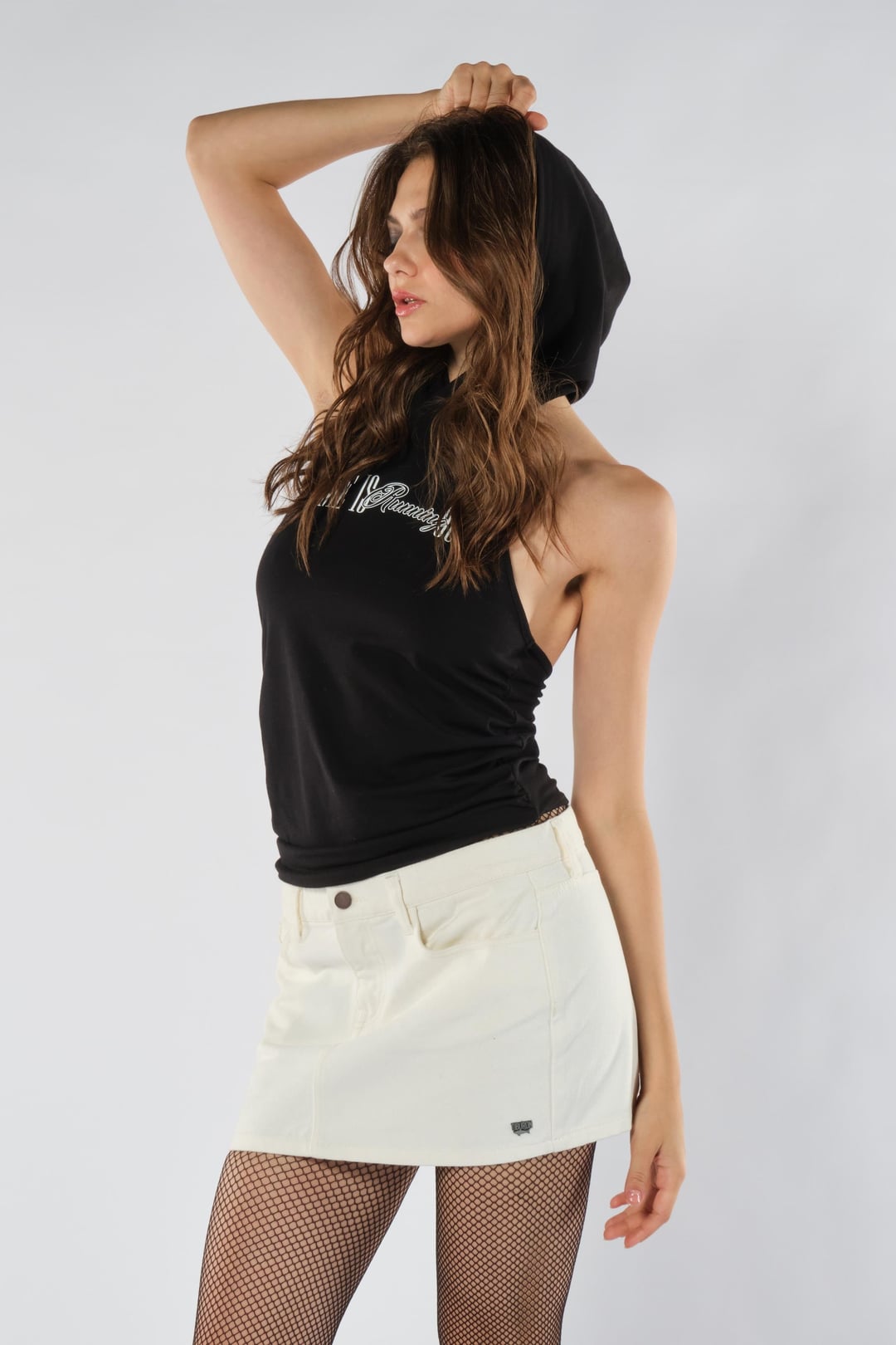 Baskılı Kapüşonlu Siyah Body