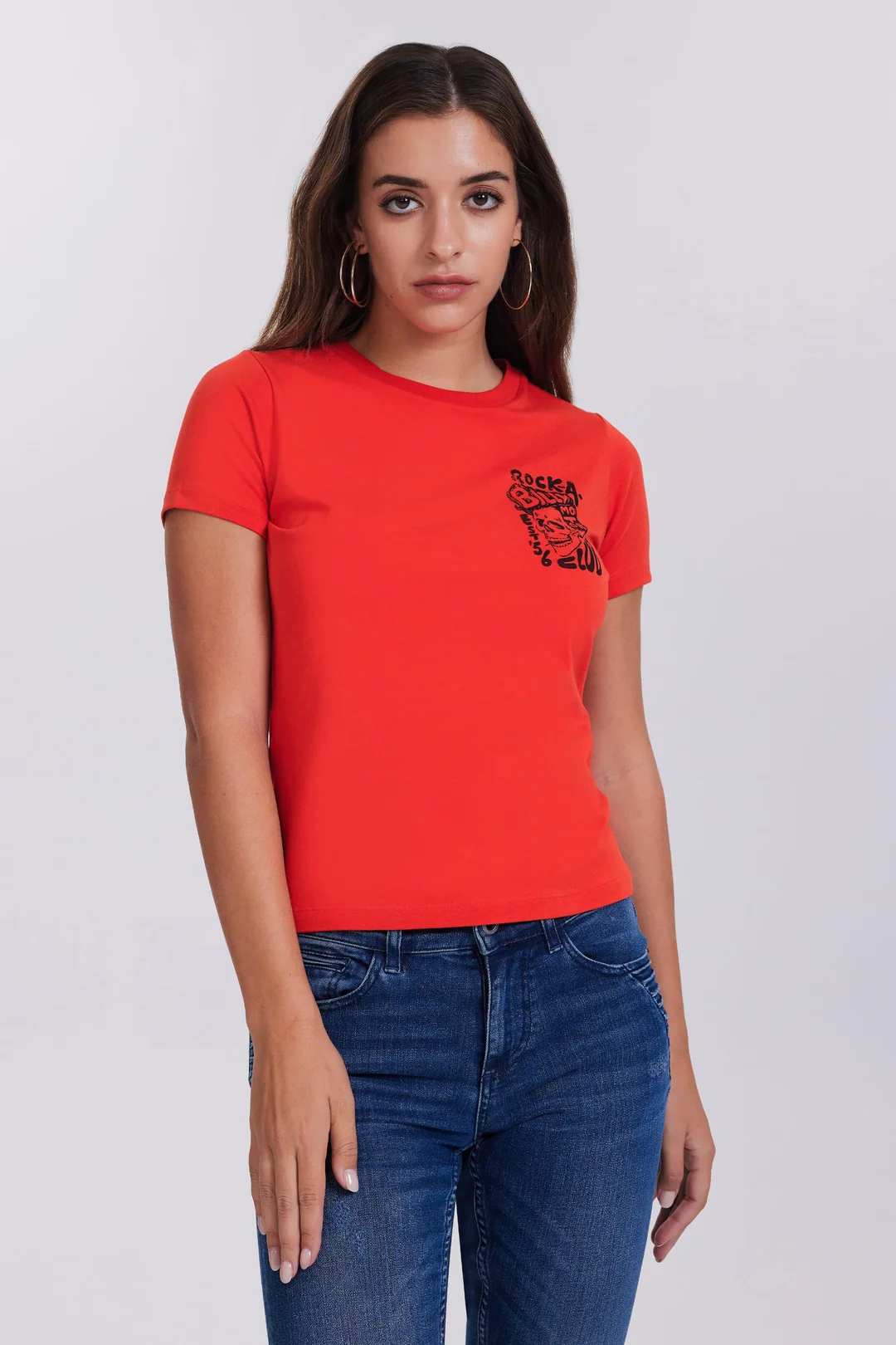 Dar Kesim Baskılı Kadın Kırmızı Tişört