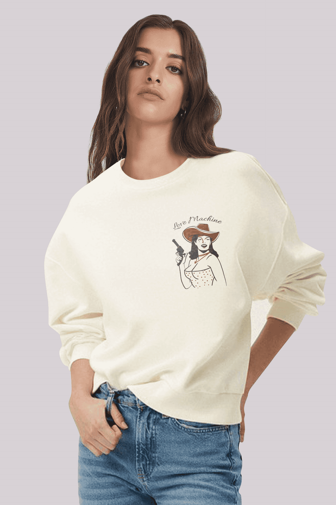 Göğsü Baskılı Manşetli Kadın Ekru Sweatshirt