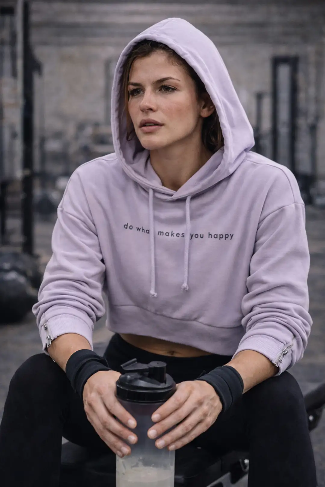 Kadın Lila Kapüşonlu Crop Hoodie