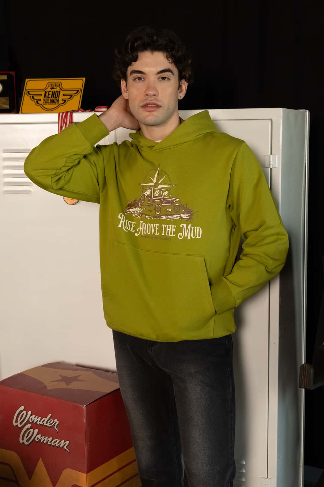 Baskılı Kapüşonlu Regular Yeşil Erkek Hoodie
