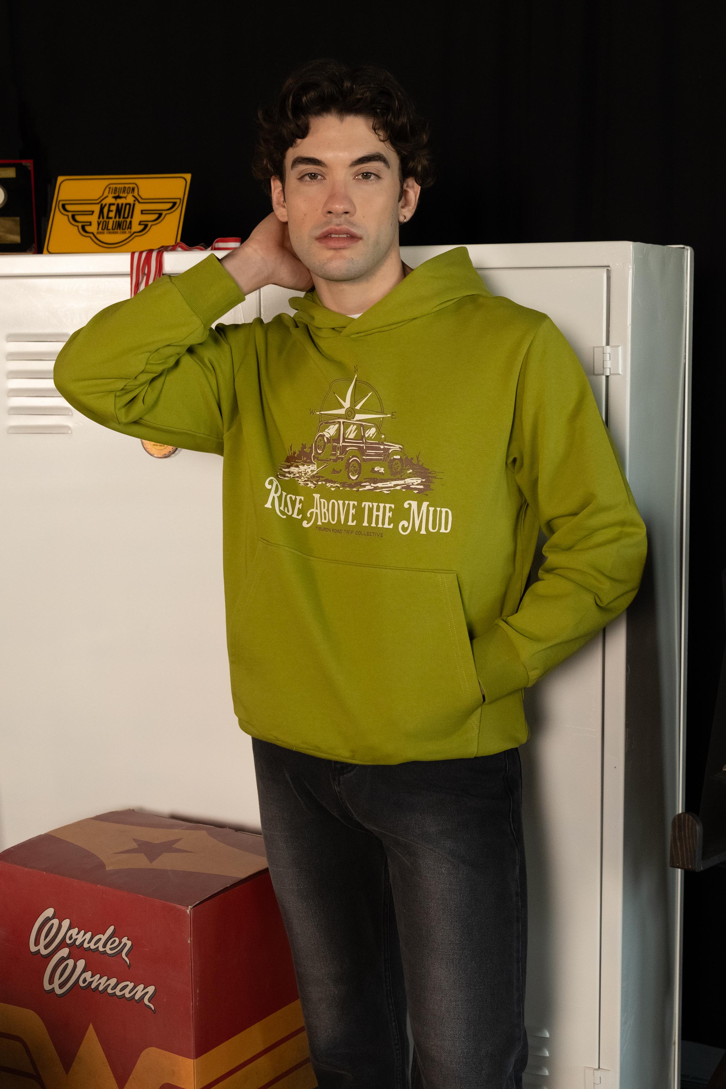 Baskılı Kapüşonlu Regular Yeşil Erkek Hoodie