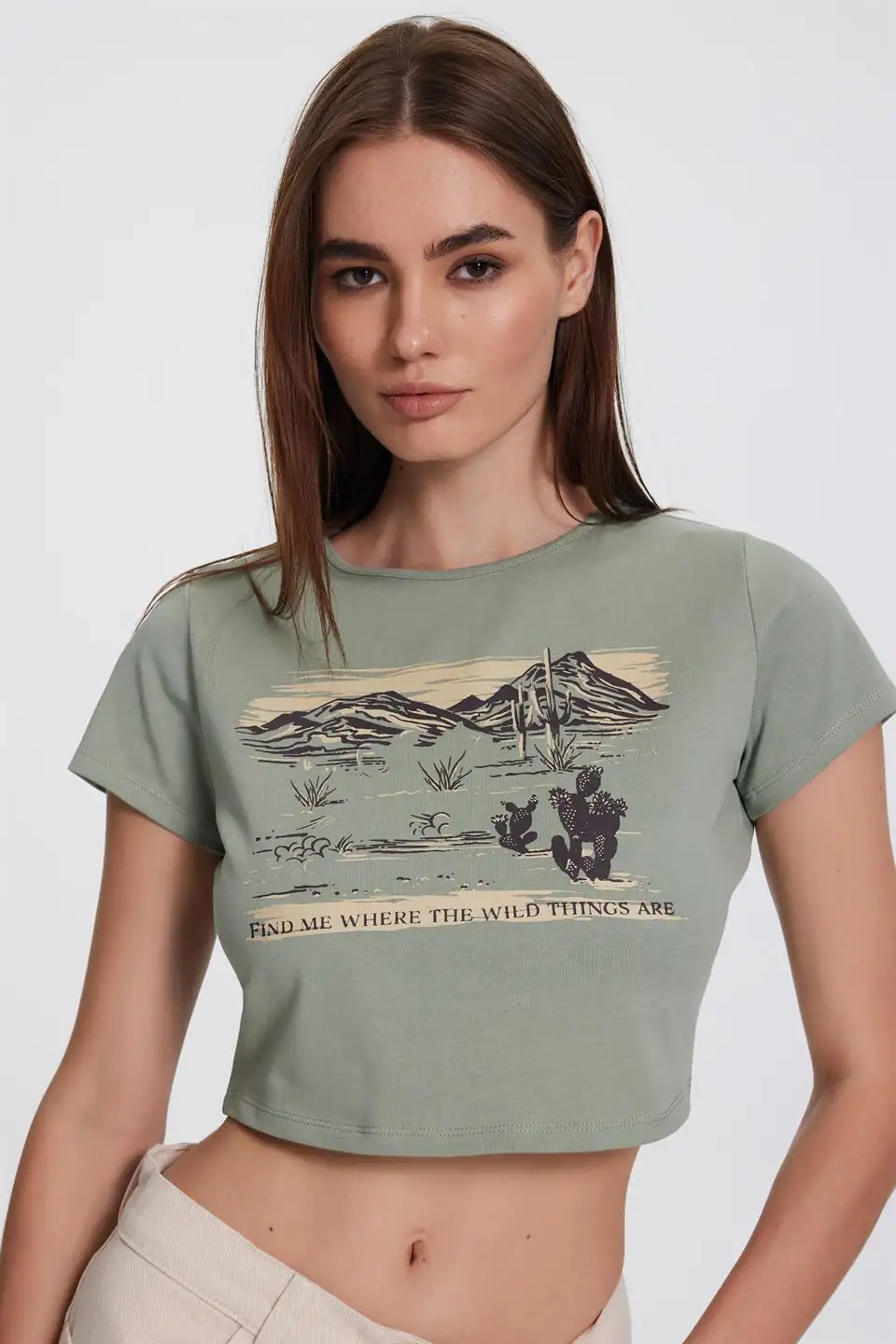Kadın Yeşil Kısa Kollu Yeşil Crop Top