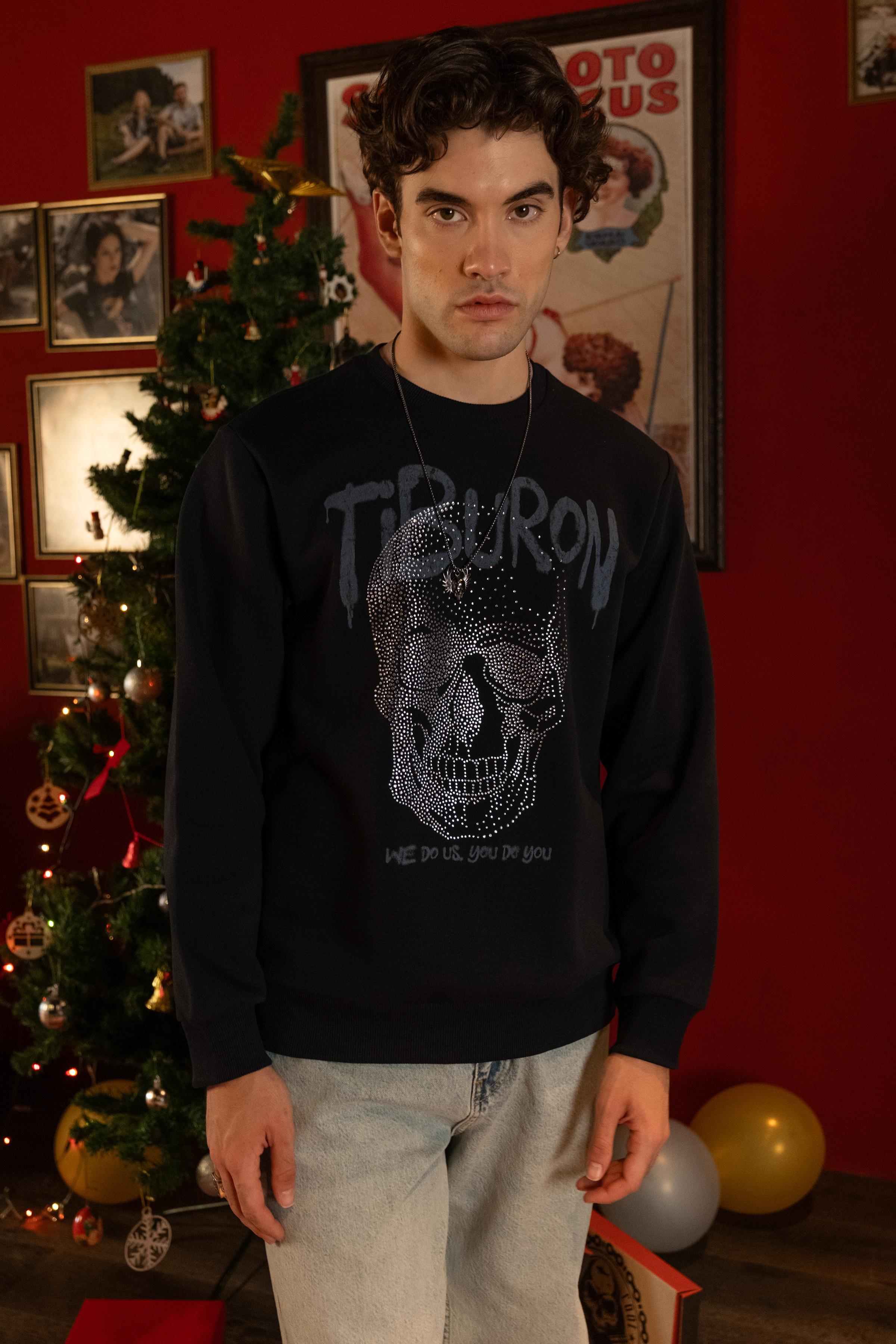Taş Baskılı Siyah Erkek Sweatshirt