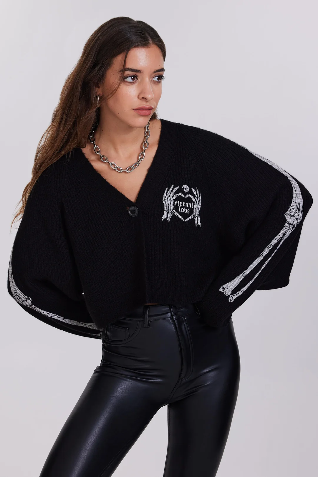 Baskılı Düğmeli Kadın Siyah Triko Hırka