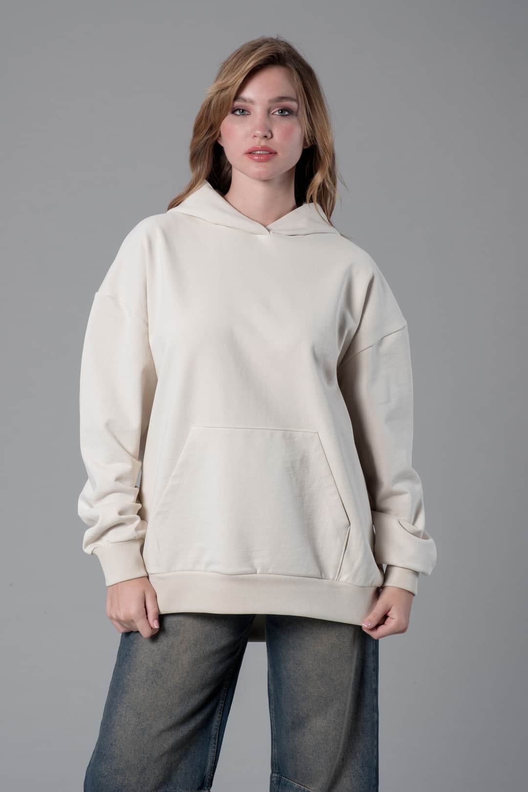 Ekru Kapüşonlu Cepli Hoodie