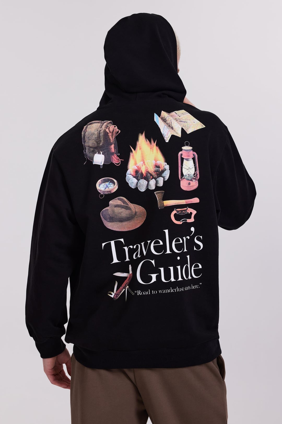 Baskılı Kapüşonlu Siyah Erkek Oversize Hoodie
