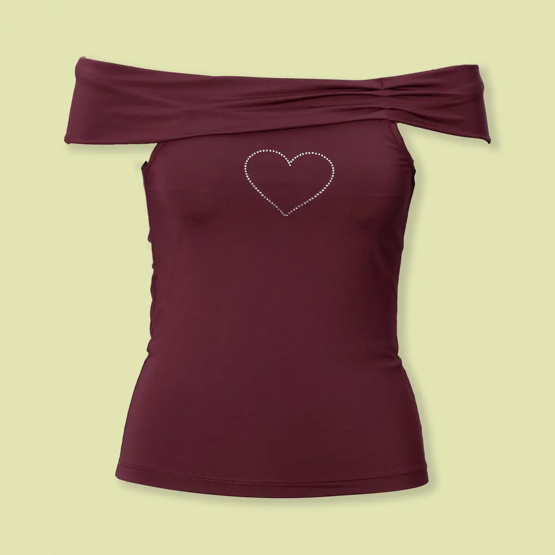 Taş Baskılı Bordo Kayık Yaka Bluz