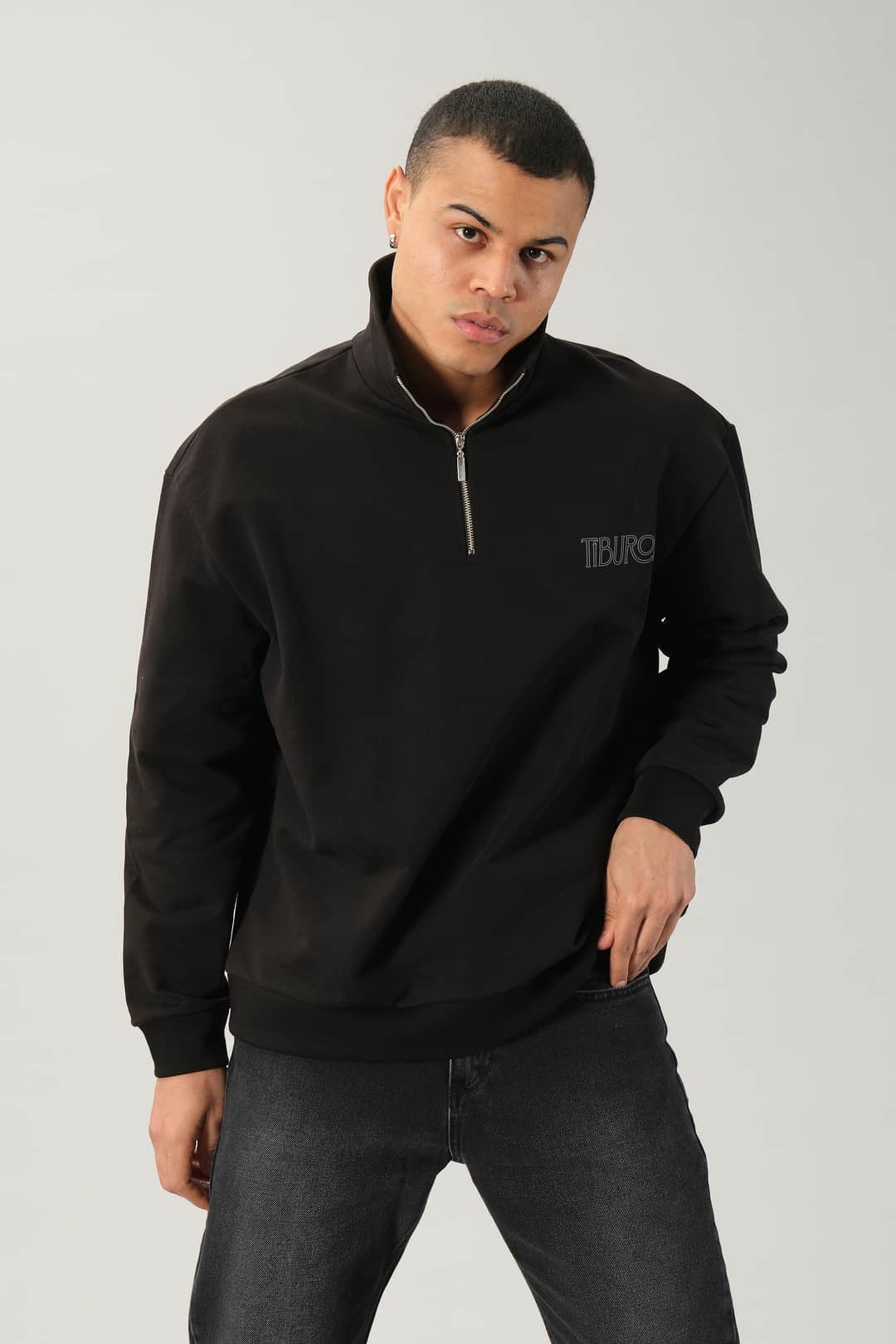 Yarım Fermuarlı Tiburon Siyah Sweatshirt