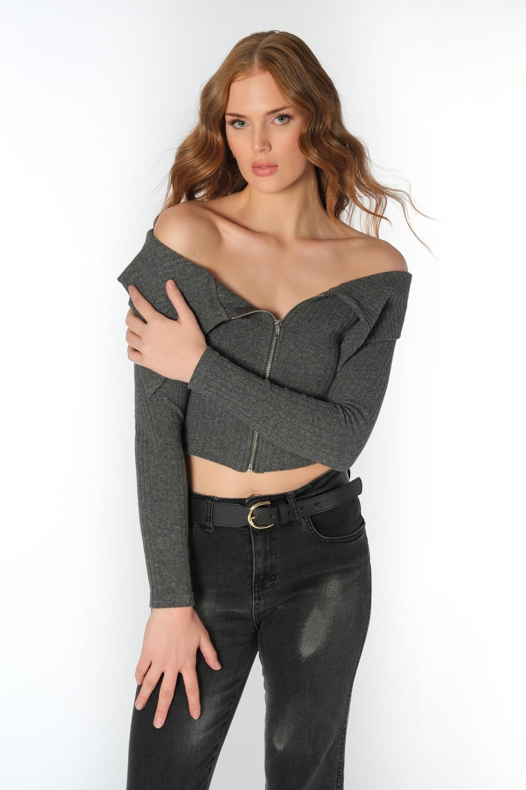 Fermuarlı Straplez Fitilli Crop Body