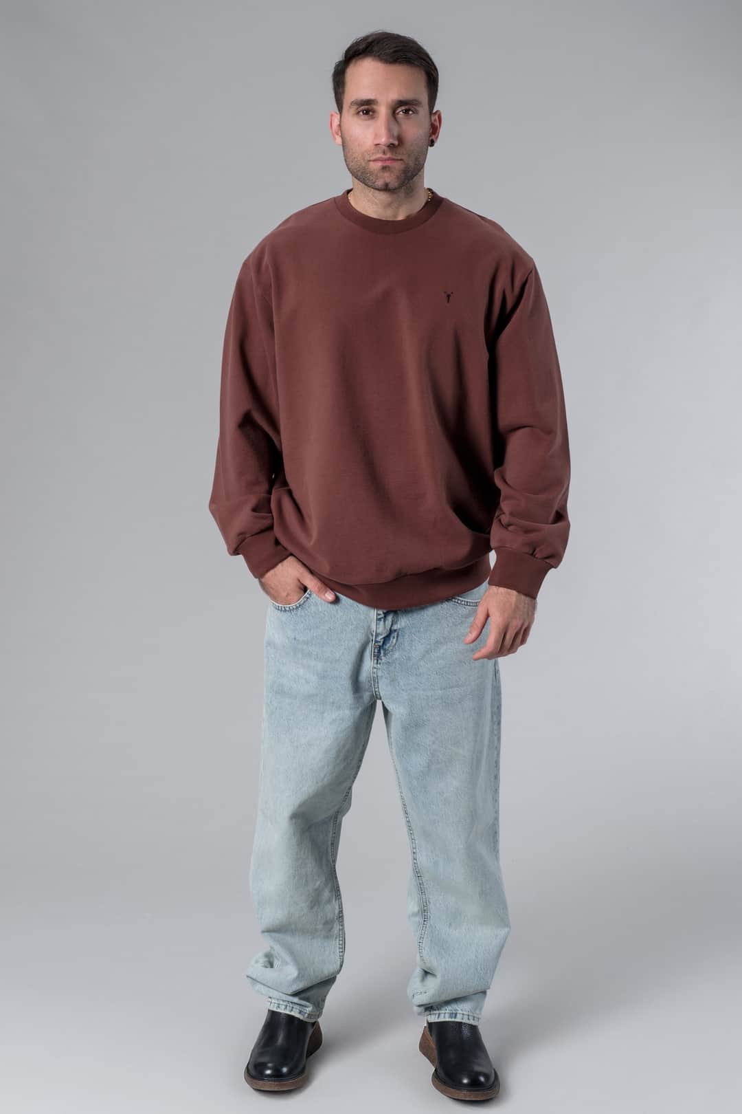 Bisiklet Yaka Kahverengi Oversize Sweatshirt