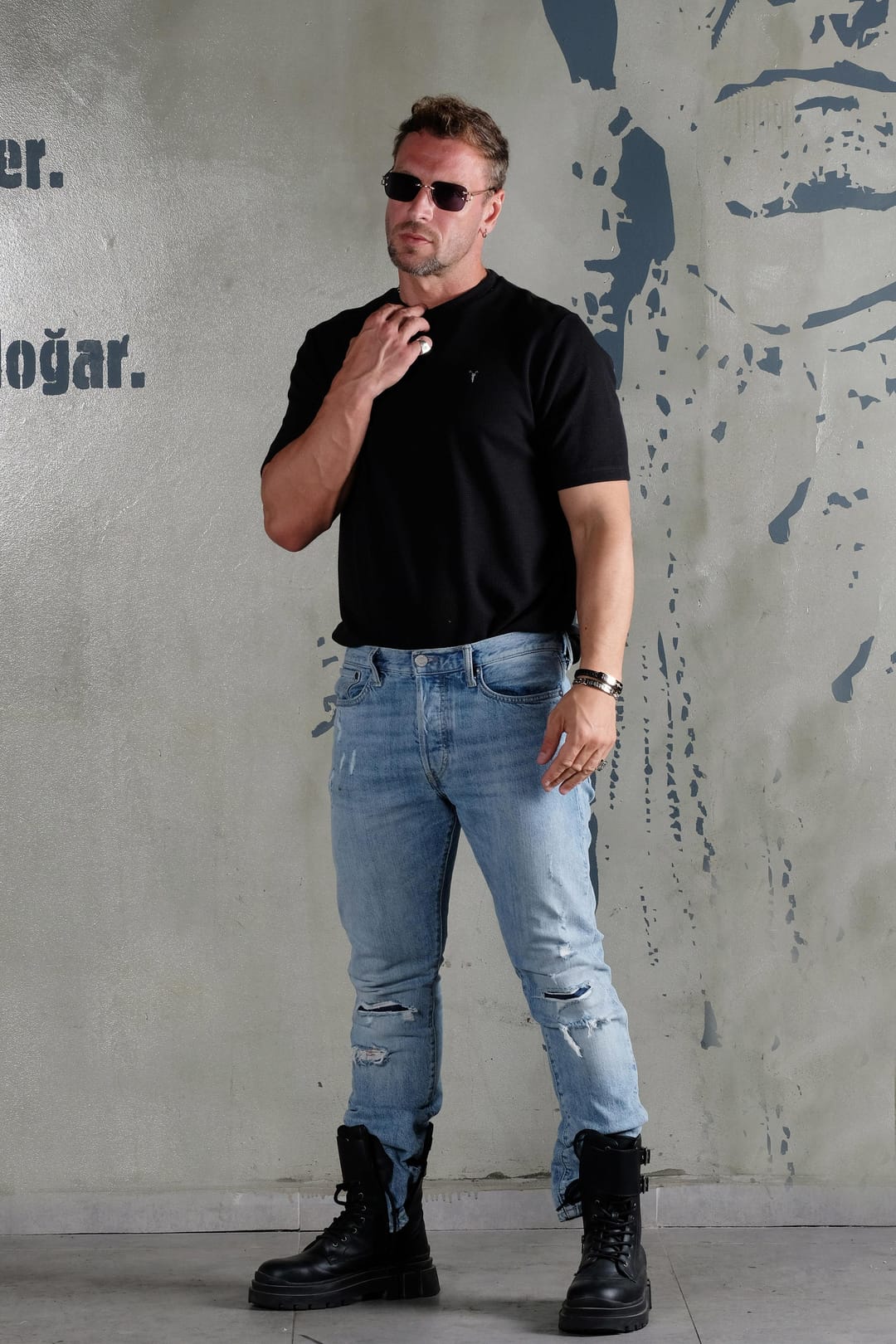 Siyah Waffle Kumaş Erkek Tişört