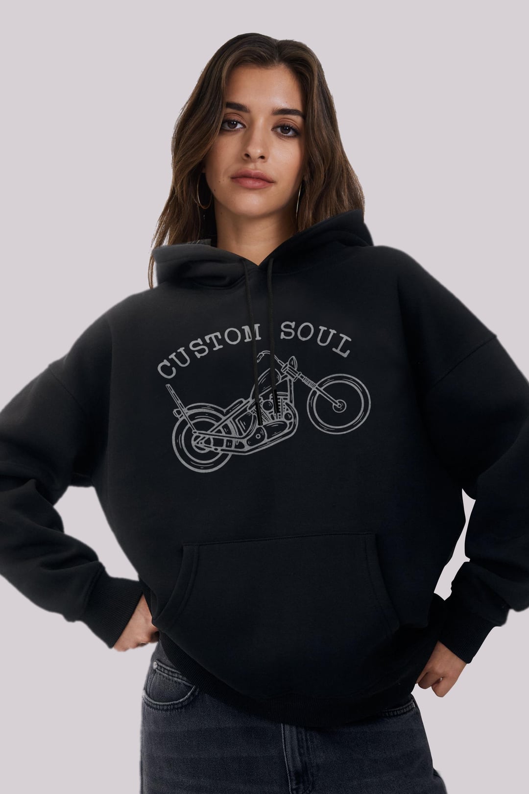 Motor Nakışlı Kadın Siyah Kapüşonlu Hoodie
