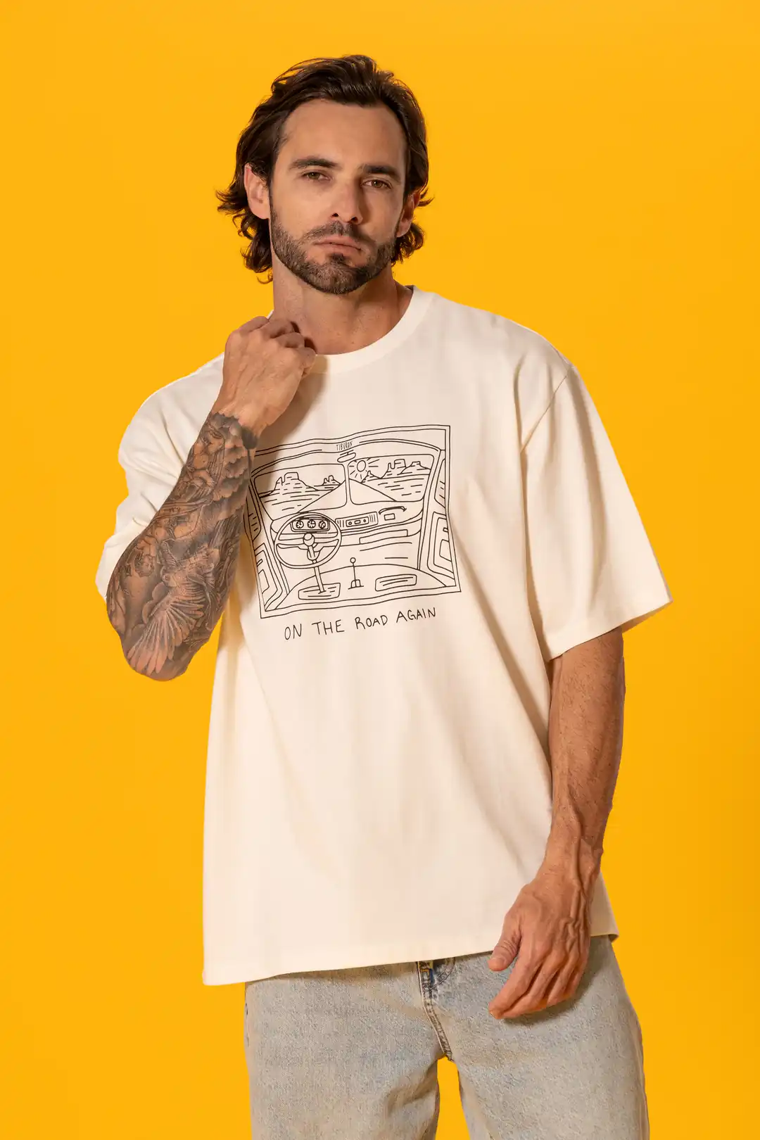 Önü Baskılı Erkek Ekru Oversize Tişört