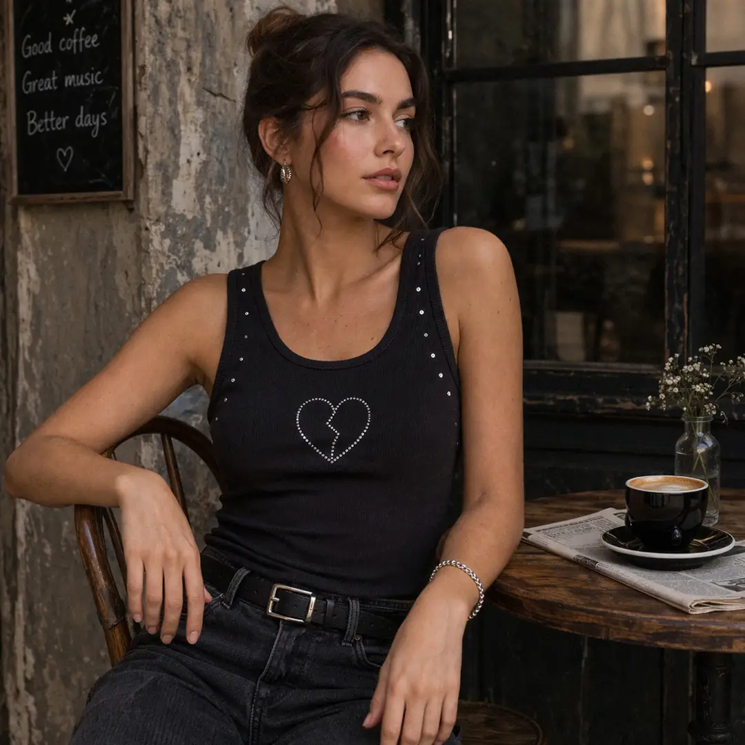 Taş Baskılı Antrasit Kolsuz Tişört