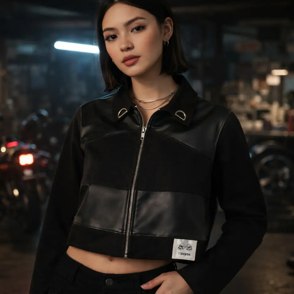 Kadın Siyah Deri Detaylı Kanvas Crop Ceket