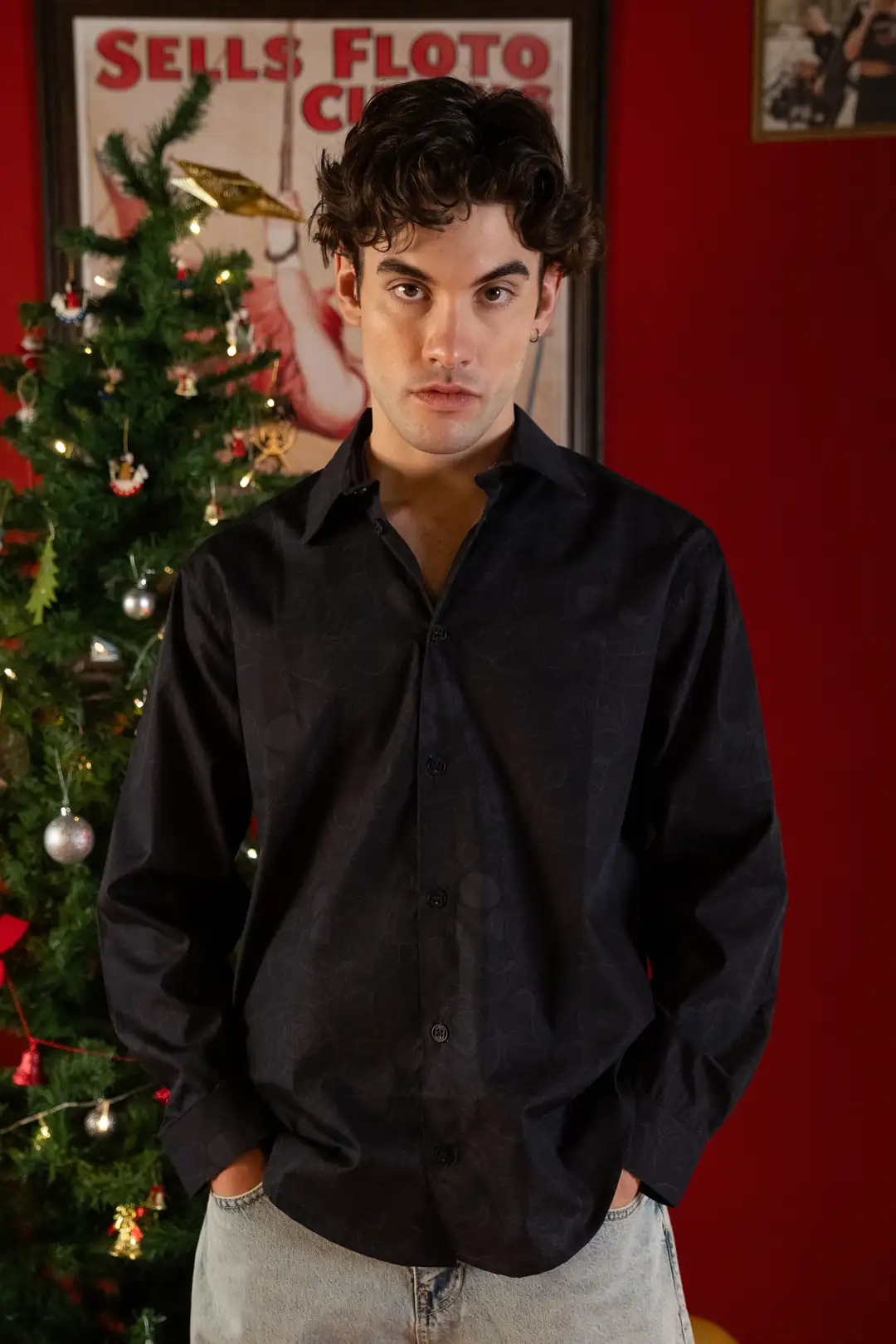 Kuru Kafa Desenli Siyah Rahat Kesim Gömlek